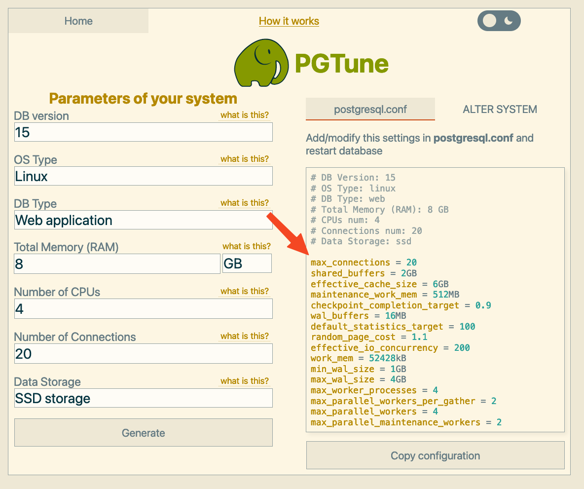PGTune with settings prefilled. One if the settings is Number of Connections that results in max_connections=20
